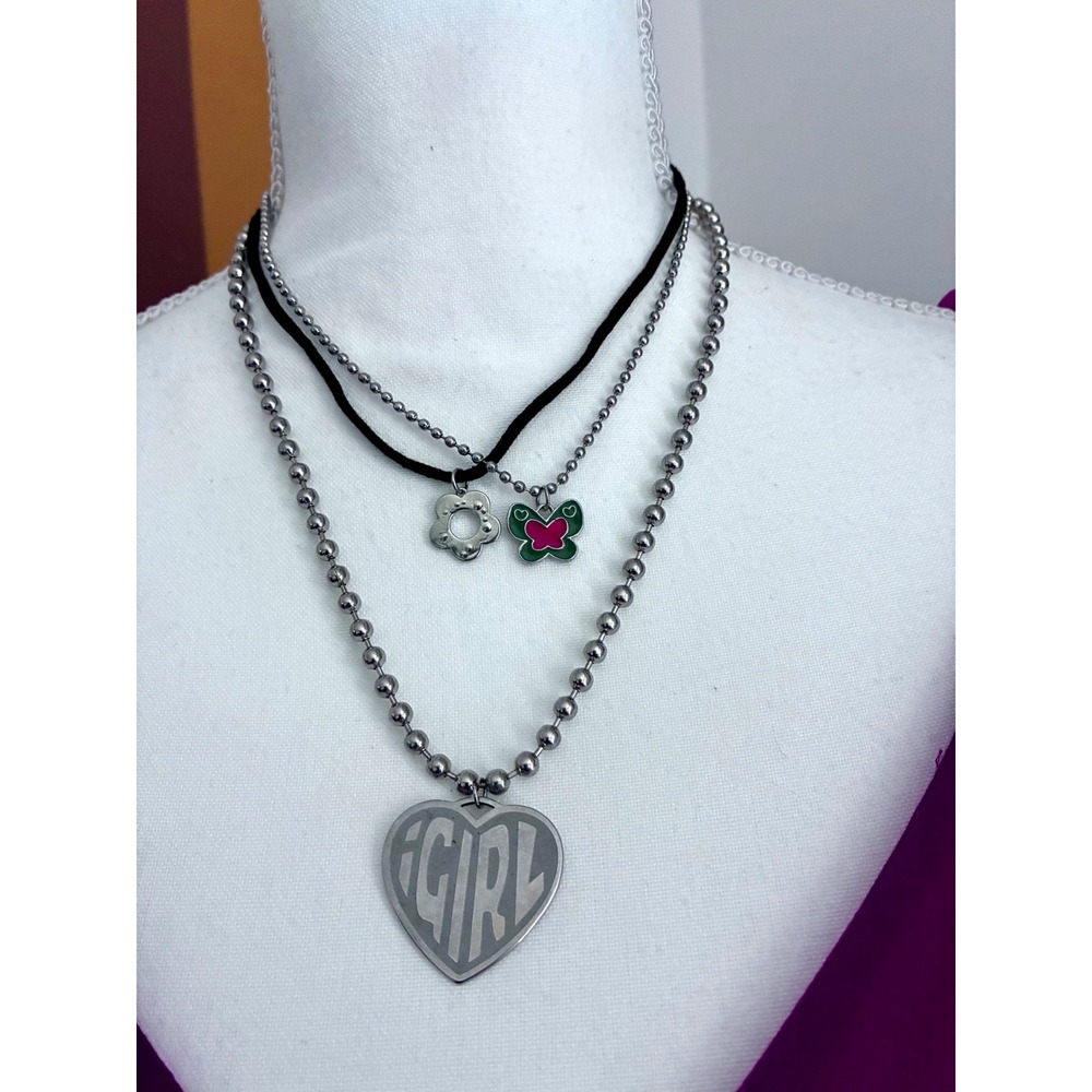 Y2K Silver Necklace Lot iGirl Heart Butterfly Flower Layered Jewelry